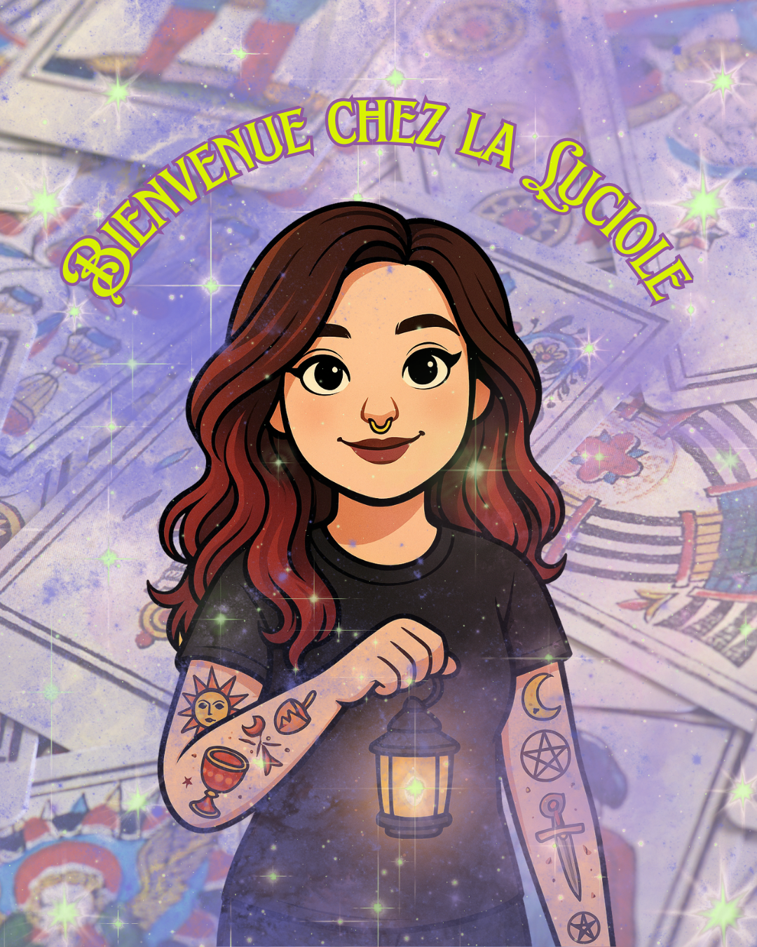 Avatar féminin lumineux tenant une lanterne, cartes de tarot, fumées violettes et étoiles, avec le texte « Bienvenue sur le blog terrain de jeu de la Luciole